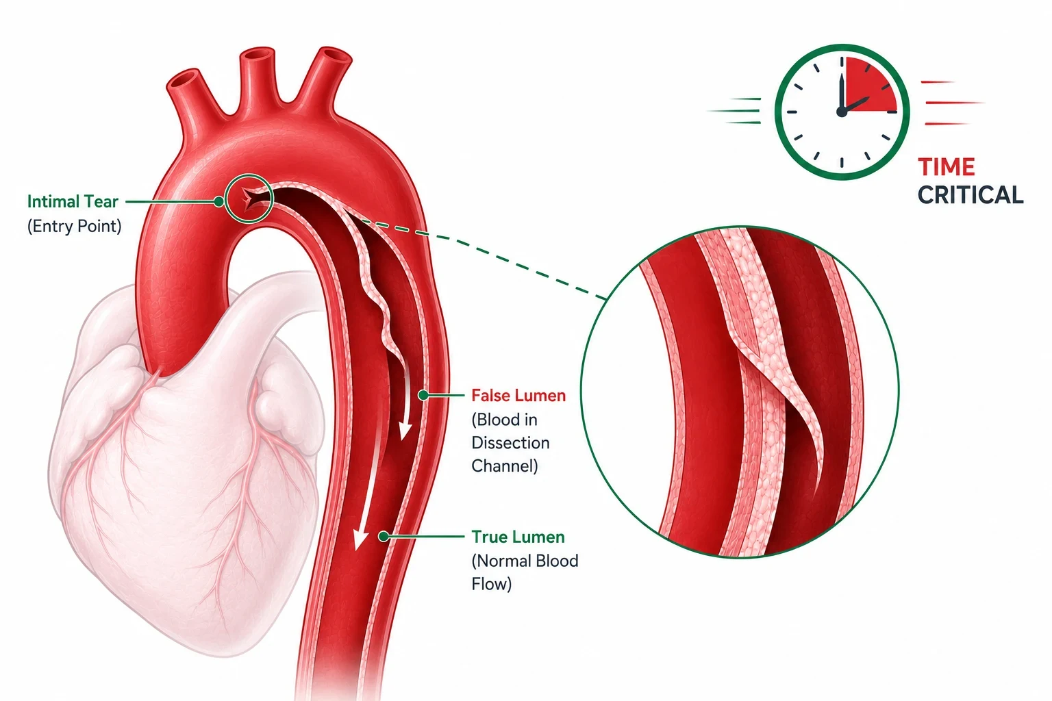 Illustration of aortic dissection showing a tear in the aortic wall. Best Hospital for acute aortic dissection treatment in Delhi