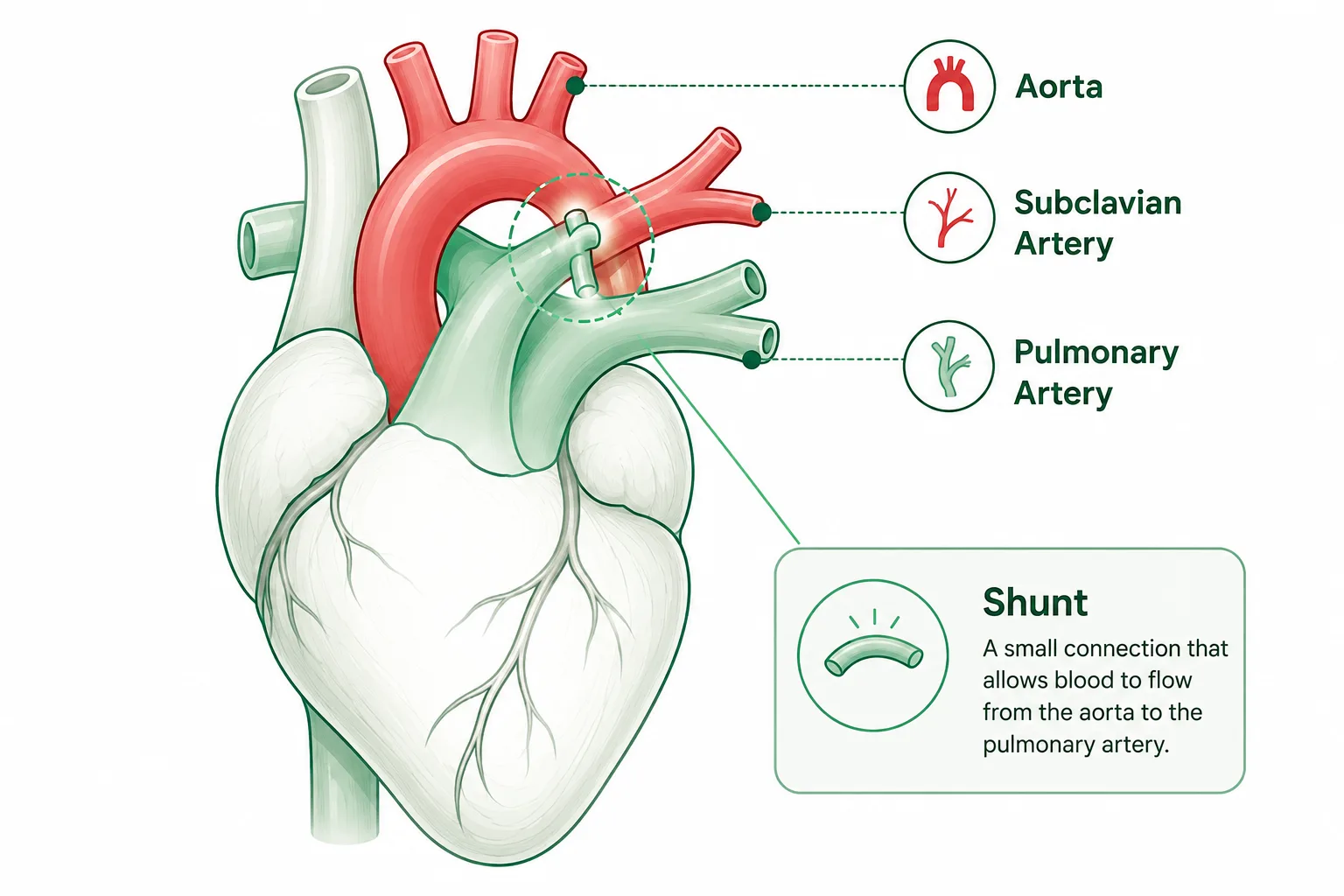 Illustration of the Blalock-Taussig shunt connecting the subclavian artery to the pulmonary artery.