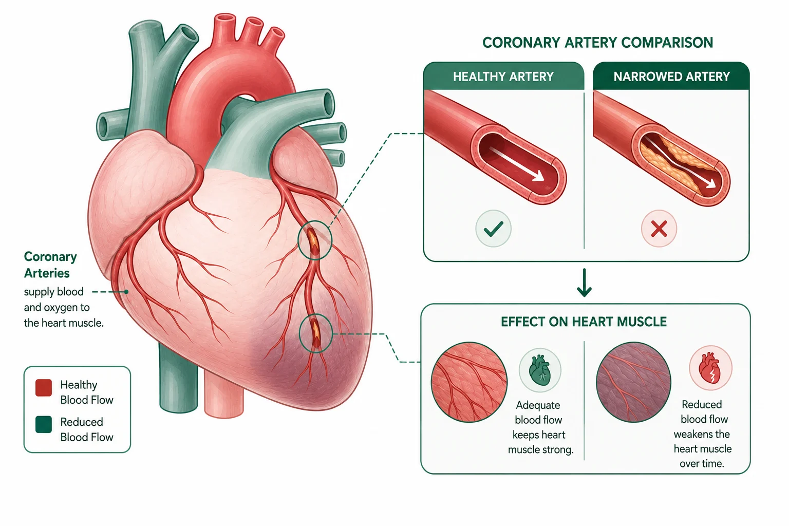Illustration of narrowed coronary arteries reducing blood flow to the heart muscle, causing ischaemic cardiomyopathy