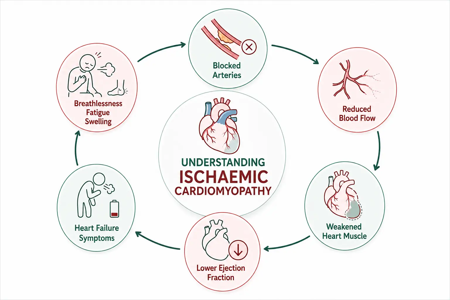 Infographic showing how blocked arteries lead to ischaemic cardiomyopathy, reduced ejection fraction and heart failure symptoms.