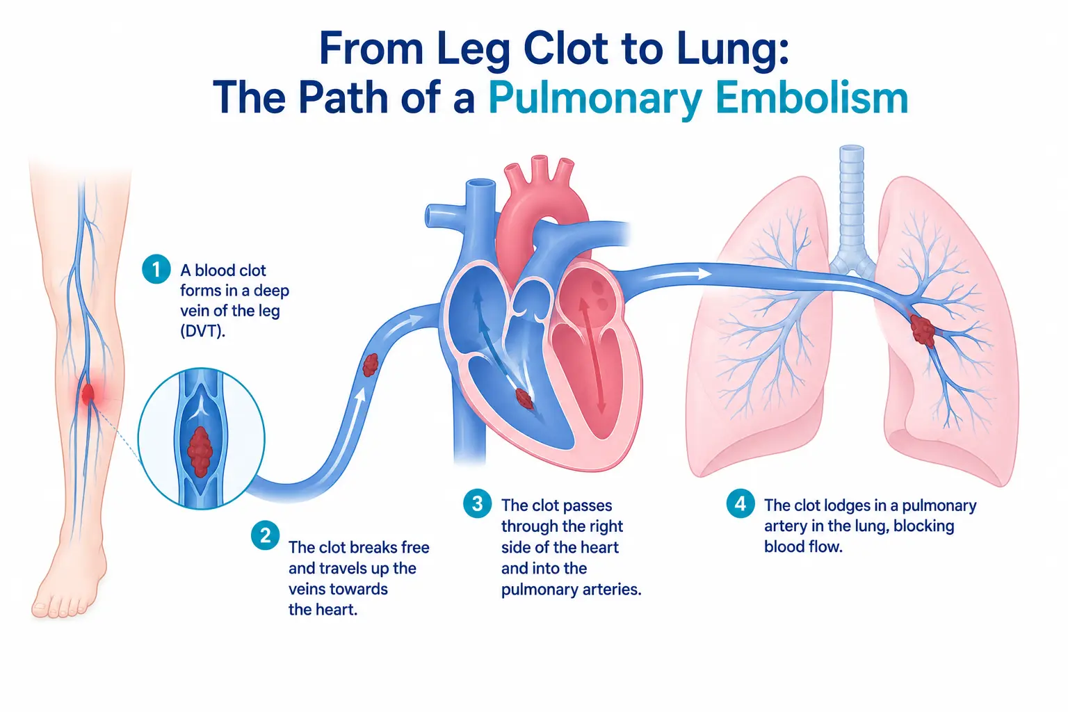 Medical infographic illustrating how a blood clot from a deep vein thrombosis (DVT) in the leg travels through the heart and lodges in the pulmonary artery, causing a pulmonary embolism (PE). Pulmonary Embolism Treatment in Delhi