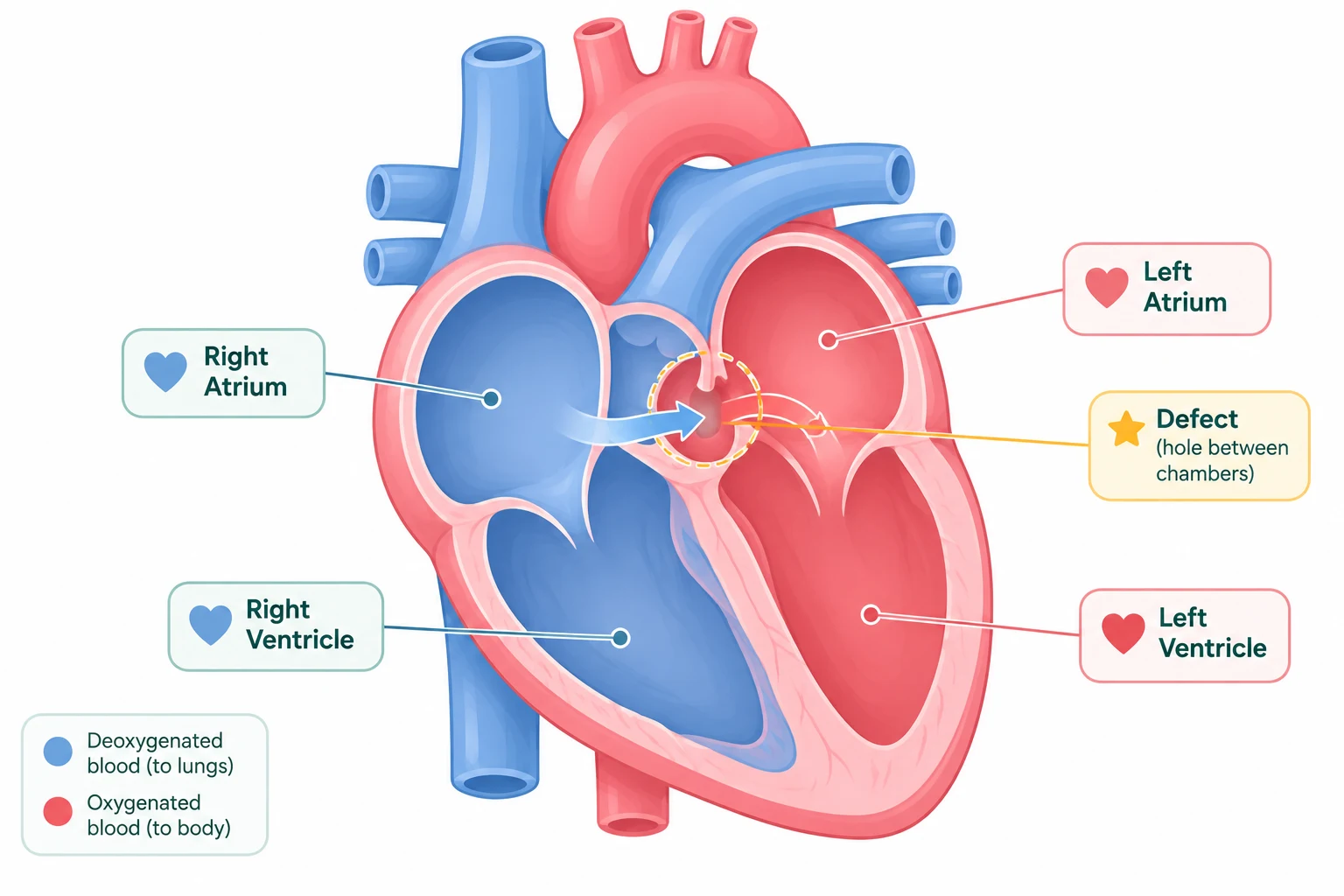 Illustration of a child's heart showing congenital heart defect location.