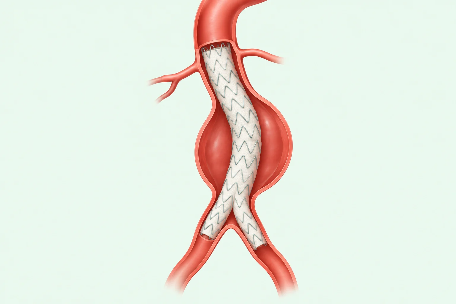 Illustration of an aortic aneurysm repaired with a stent graft during endovascular repair surgery