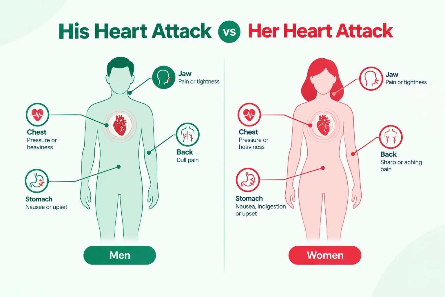 Infographic comparing heart attack symptoms in women versus men, showing chest, jaw, back and stomach symptom locations