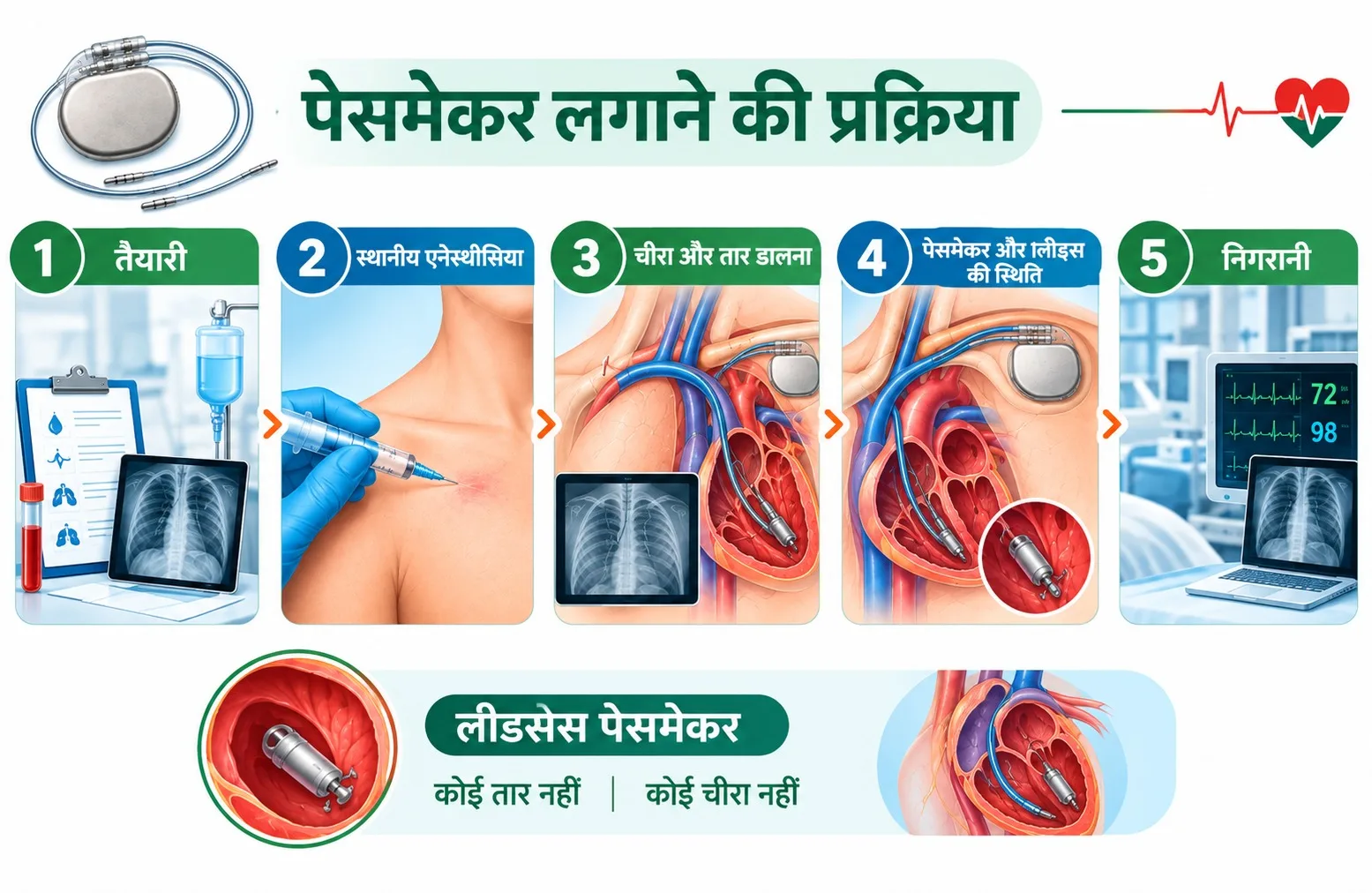 Pacemaker surgery showing five steps: preparation, local anesthesia, incision and lead placement, testing and fixation, and monitoring, with a leadless pacemaker illustration. cardiac pacemaker/ heart pacemaker, pacemaker kaise lagaya jata hai