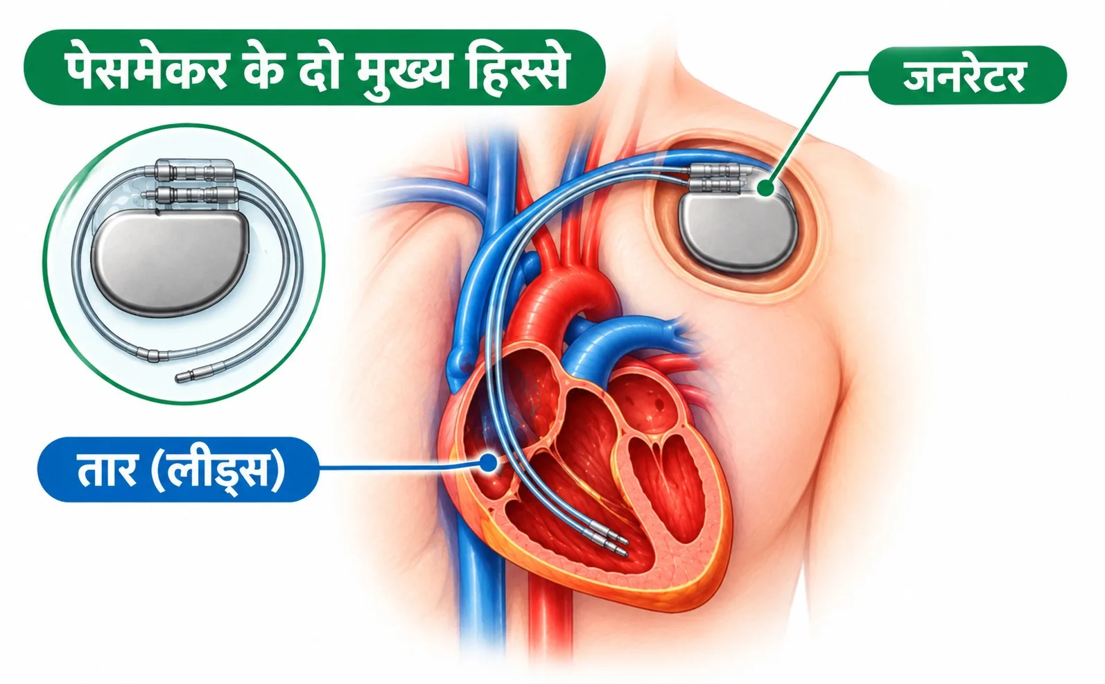 About Pacemaker in hindi, Cardiac pacemaker, heart pacemaker parts showing the generator and leads connected to the heart, with Hindi labels explaining their functions.