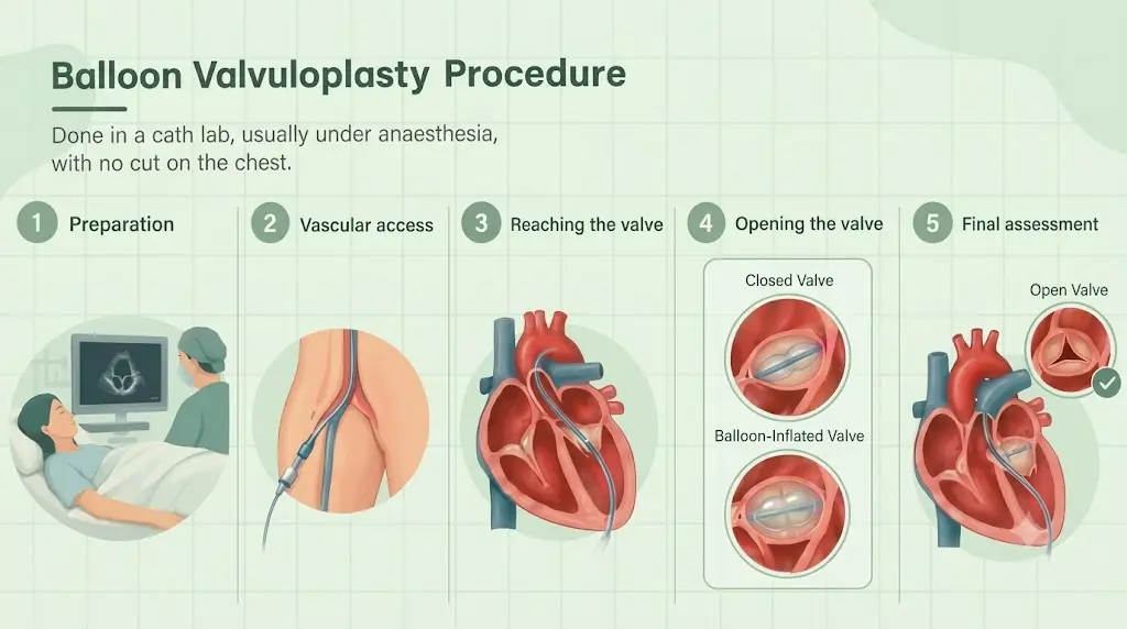 A medical infographic detailing the five steps of a Balloon Valvuloplasty in Delhi; balloon valvotomy in delhi. The steps, from preparation to final assessment, illustrate a non-surgical catheter-based technique to open narrowed heart valves using a medical balloon