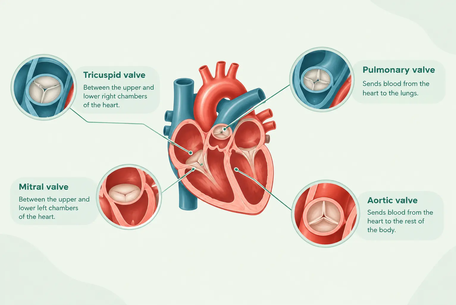 Four heart valves: mitral, tricuspid, aortic and pulmonary: illustrated with their locations and functions: Anatomy of heart: Ballon valvotomy in delhi, Balloon valvuloplasty in Delhi NCR