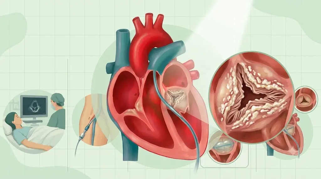 A medical thumbnail illustration depicting valve stenosis and a balloon valvuloplasty procedure in delhi ncr,A prominent circular close-up on the right highlighting a severely narrowed, thickened, and calcified tri-leaflet heart valve, Flanking the central heart are circular visual steps including a patient undergoing an echocardiogram, catheter insertion at the vascular access site, a balloon expanding inside the valve, and a fully open valve, Balloon valvotomy in Delhi